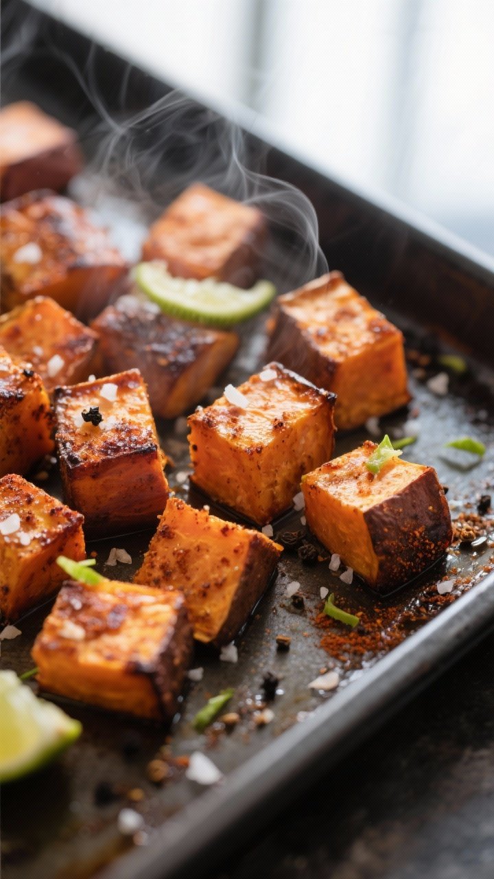 Close-up detail: Roasted sweet potato cubes fresh from the sheet pan, edges deeply caramelized with