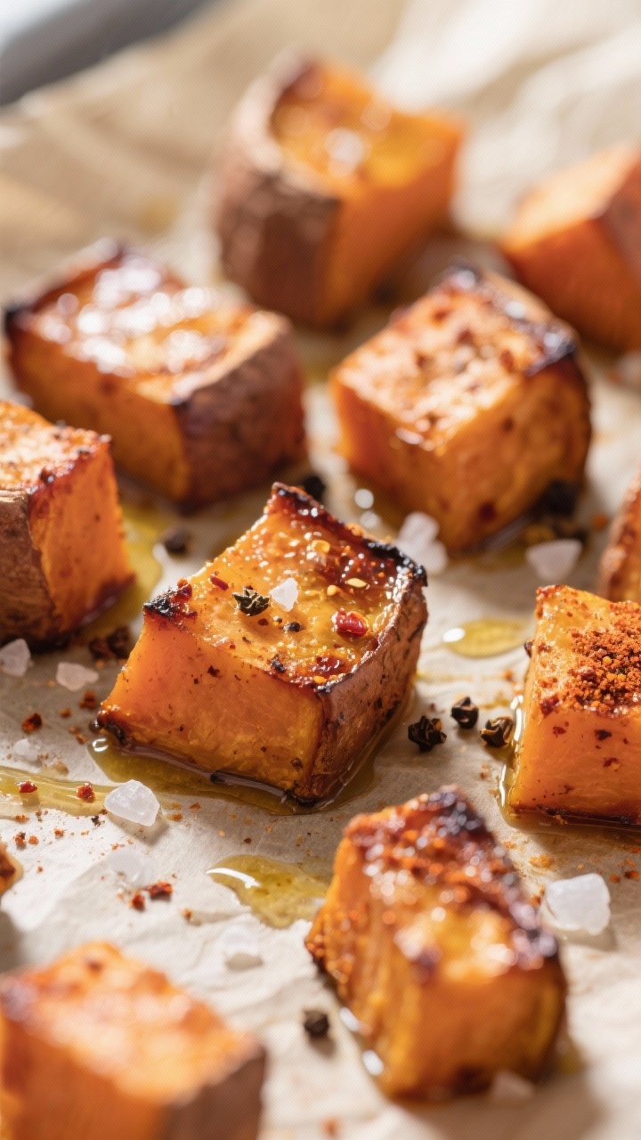 Close-up detail: Roasted sweet potato cubes just out of the oven on parchment, edges deeply carameli