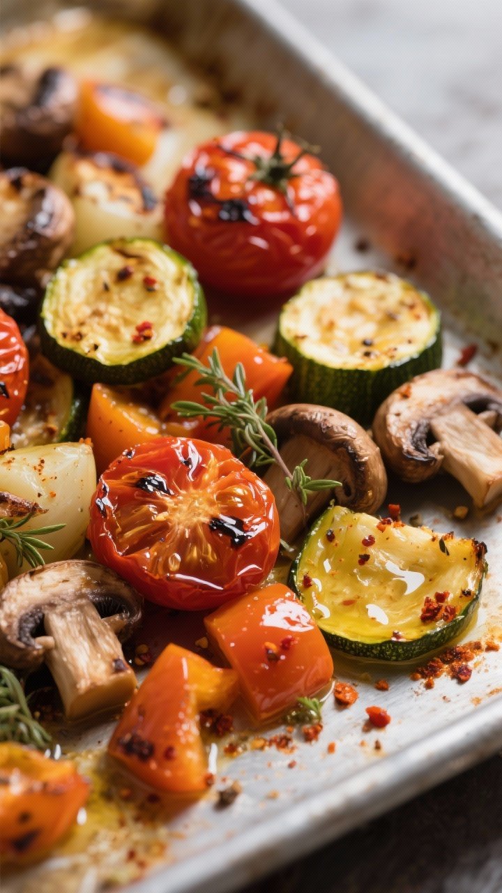 Close-up detail: Roasted vegetable medley fresh from the oven—caramelized cherry tomatoes burst an