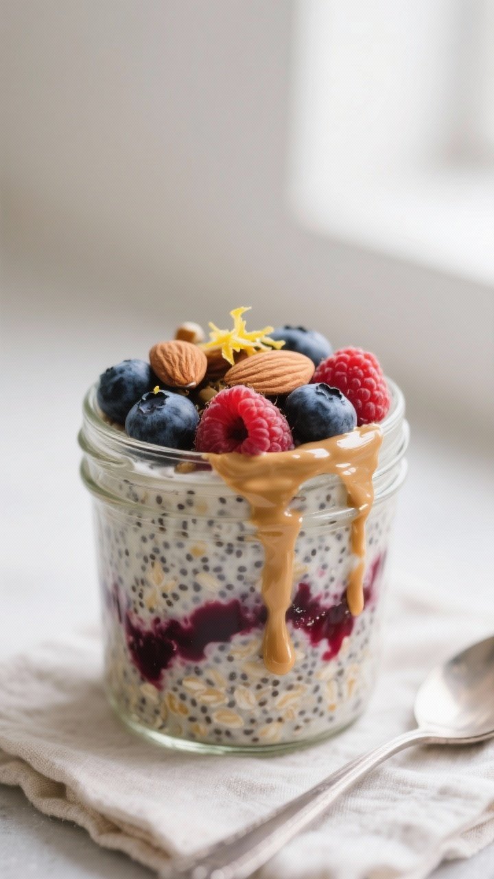 Close-up detail shot: A chilled jar of berry chia overnight oats just stirred in the morning, showin