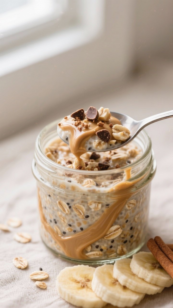 Close-up detail shot: A chilled jar of peanut butter banana overnight oats just stirred, showing thi