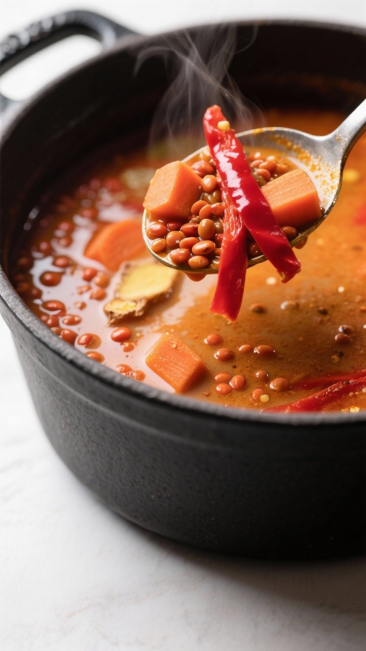 Close-up detail shot: A ladle lifting Thai Curry Lentil Soup from a Dutch oven mid-simmer, showing t
