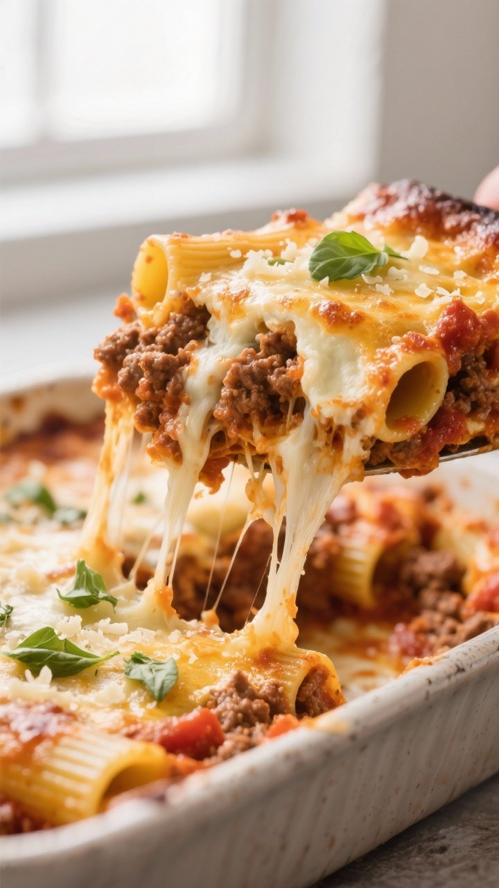 Close-up detail shot: a slice of cheesy baked rigatoni with ground beef lifted from the pan, showcas