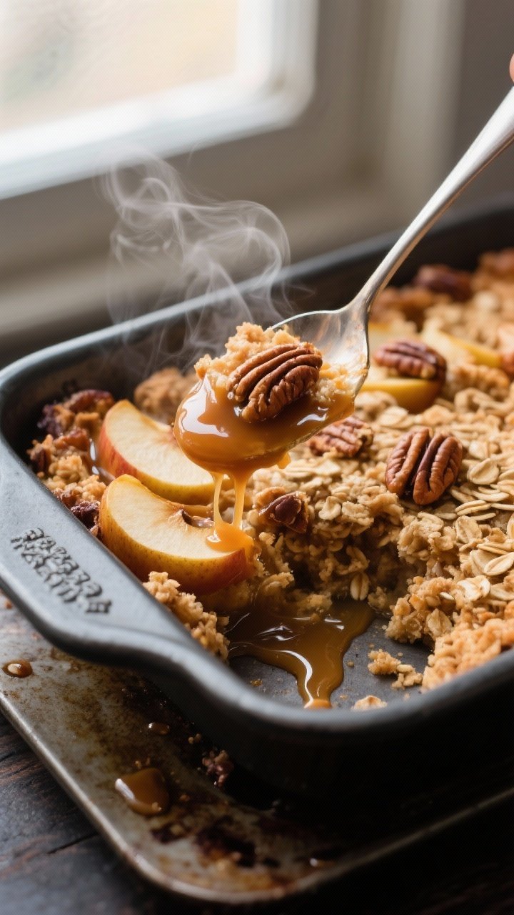 Close-up detail shot: A spoon breaking into a warm caramel apple crisp straight from the oven, showi