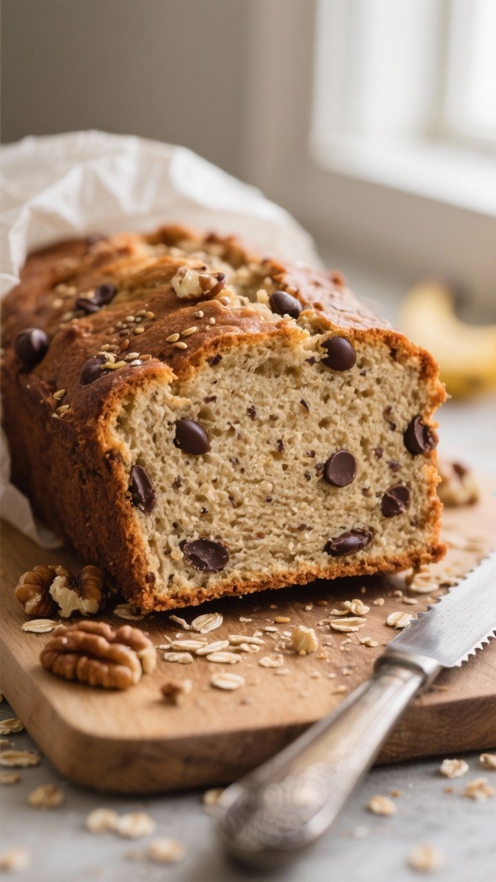 Close-up detail shot: A thick, just-sliced piece of banana bread made with oat flour and ground flax