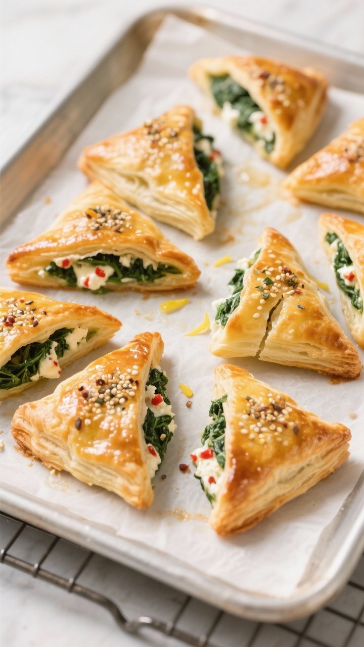 Close-up detail shot: A tray of freshly baked mini spinach and cheese puff pastry triangles just out