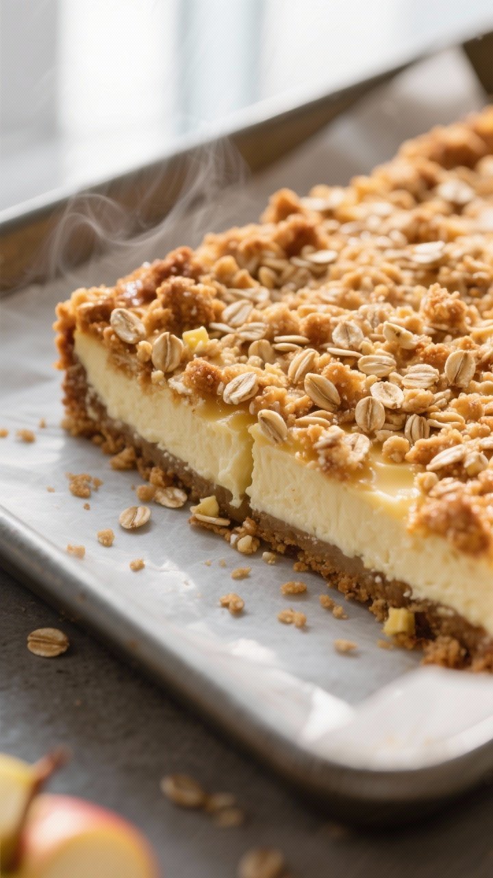 Close-up detail shot: Golden-brown crisp topping on Apple Crisp Cheesecake Bars fresh from the oven,