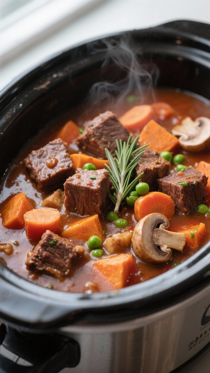 Close-up detail shot of slow cooker beef stew mid-cook: fork-tender browned beef cubes nestled among