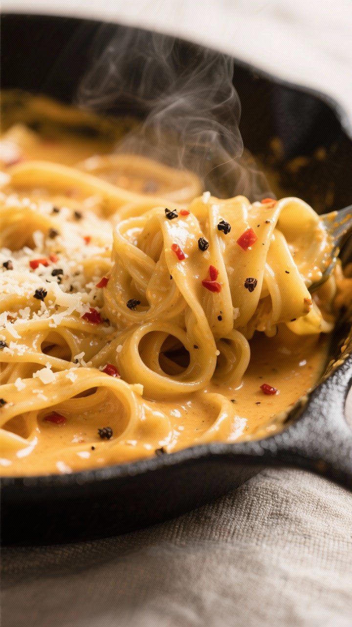 Close-up detail shot: Silky pumpkin Alfredo sauce clinging to fettuccine as it’s tossed in a skill