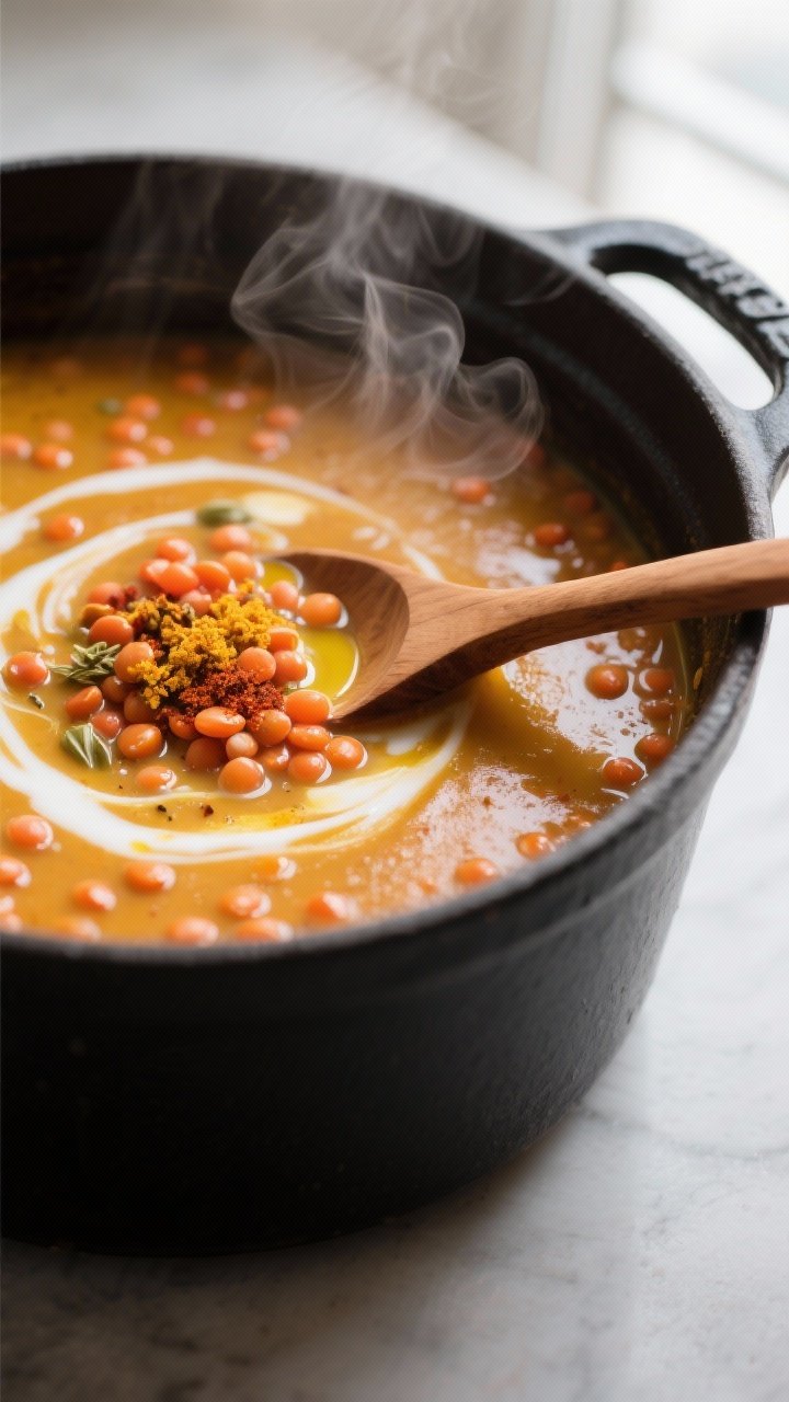 Close-up detail shot: Silky pumpkin lentil soup mid-simmer in a matte black Dutch oven, showing soft