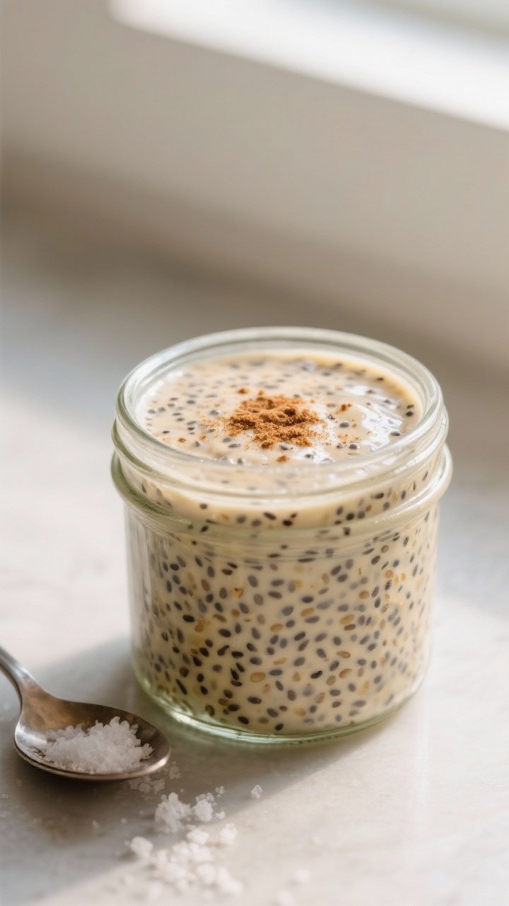 Close-up detail shot: Thick, creamy banana chia seed pudding mid-set in a glass jar after the crucia