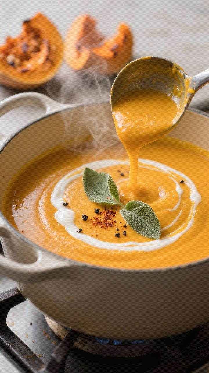 Close-up detail: Silky pumpkin and butternut squash soup being ladled from a Dutch oven after blendi
