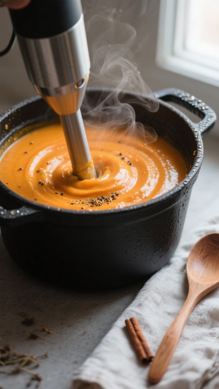 Close-up detail: Silky pumpkin and sweet potato soup being blended to a glossy, velvety finish with 