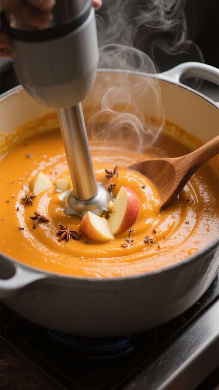 Close-up detail: Silky pumpkin apple soup mid-blend in a pot, captured as the immersion blender crea