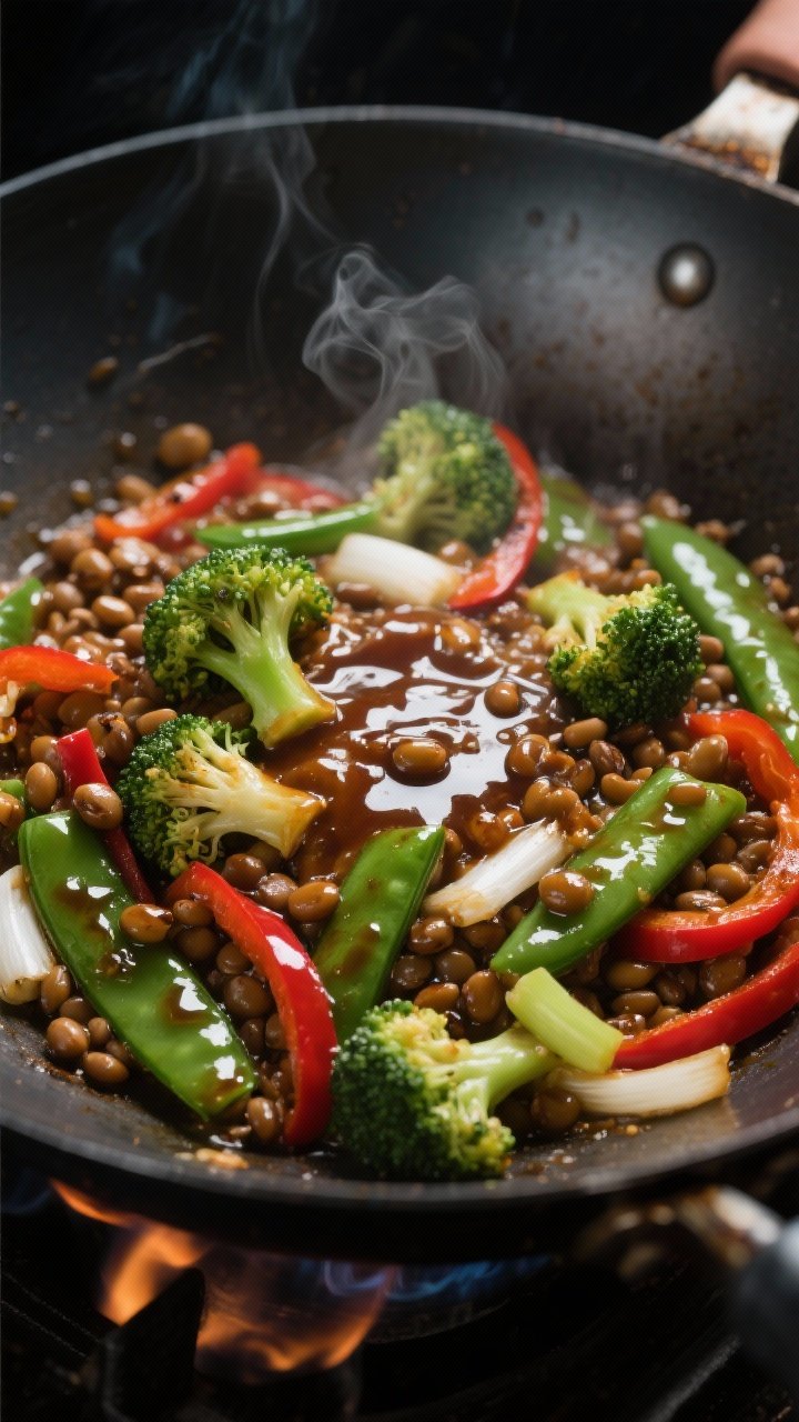 Close-up detail: Sizzling lentil and vegetable stir-fry mid-cook in a carbon-steel wok over high hea