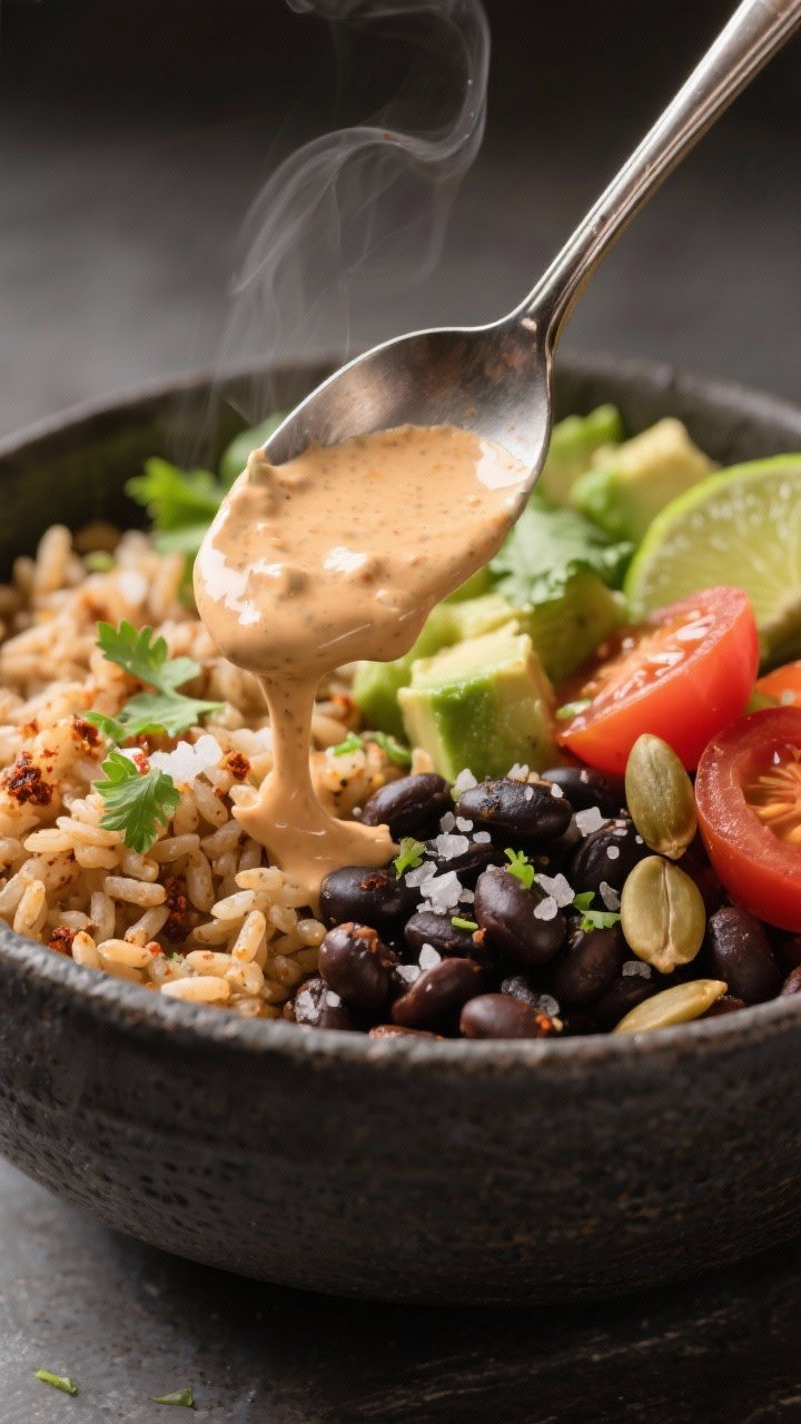 Close-up detail — Spoon hovering above a finished burrito bowl, tight macro on textures: fluffy li