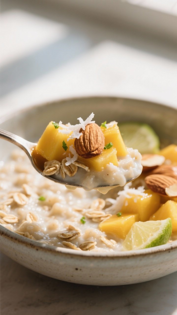 Close-up detail, toppings and texture: Close-up of a spoonful lifted from a bowl of Coconut Mango Oa