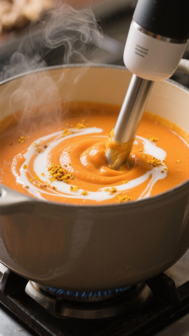 Close-up detail: Velvety carrot-ginger coconut soup being puréed silky-smooth with an immersion ble