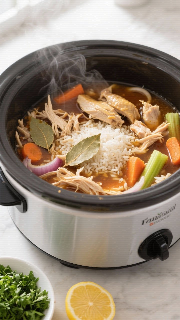 Cooking process beauty: The stew in the slow cooker right after shredding and returning the chicken