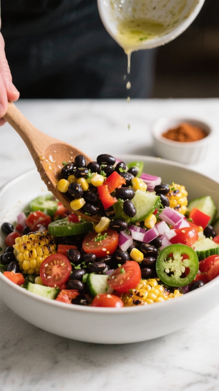 Cooking process: Black bean and sweet corn salad being tossed “like you mean it” in a large matt