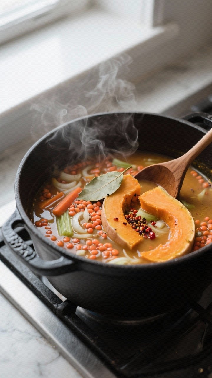 Cooking process: Butternut squash and lentil soup mid-simmer in a matte black Dutch oven—visible t