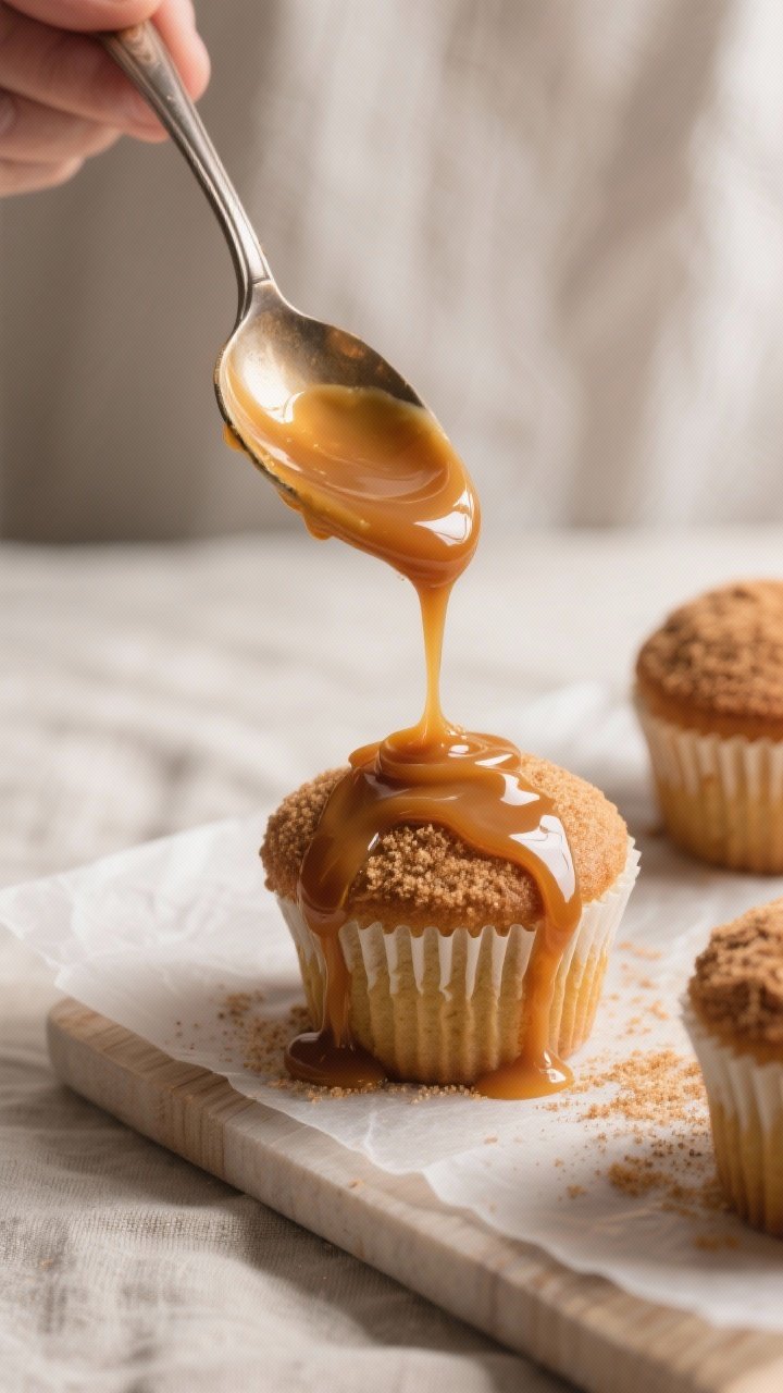 Cooking process: Caramel drizzle in action—thick, amber caramel ribbon streaming from a spoon onto
