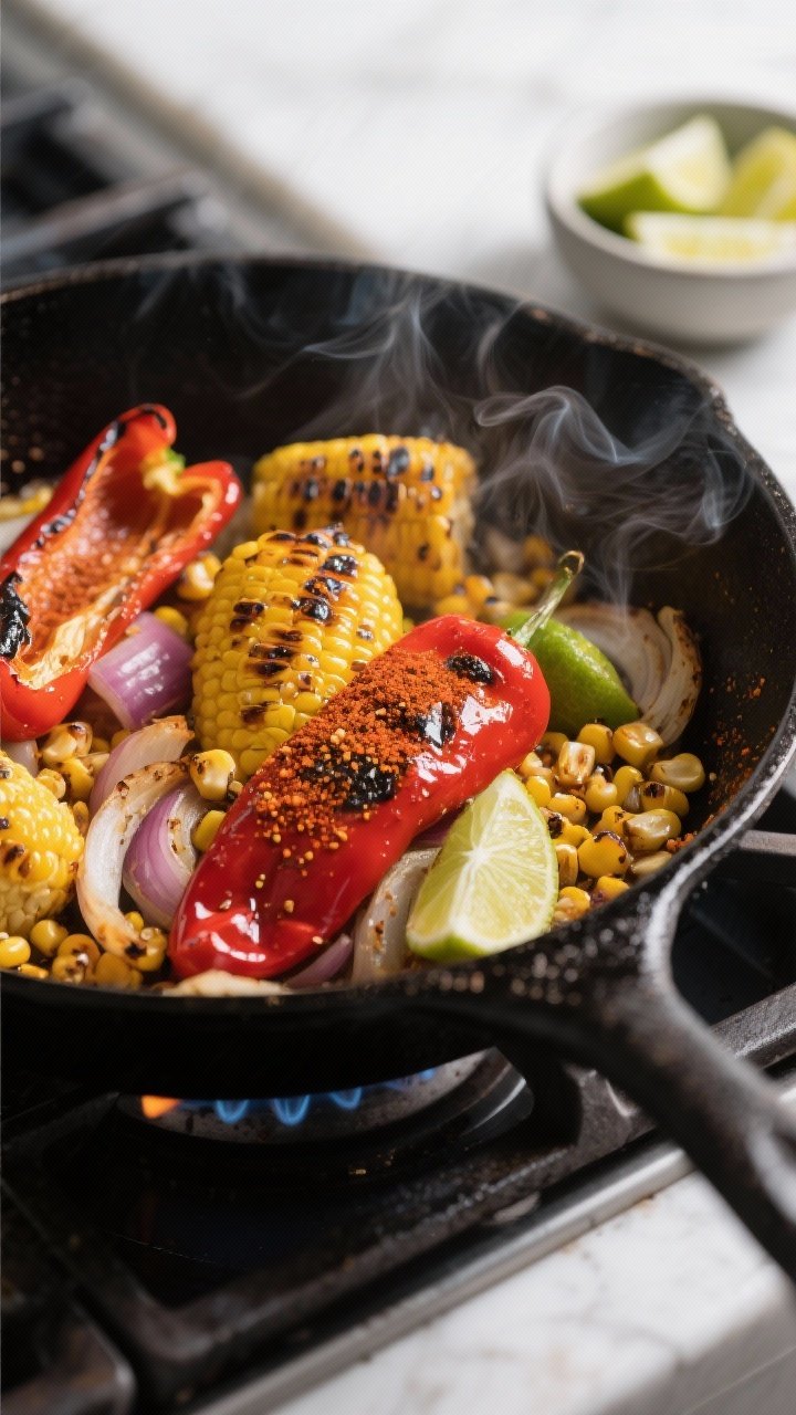 Cooking process — Charred peppers, onions, and blistered corn in a wide black skillet over medium-