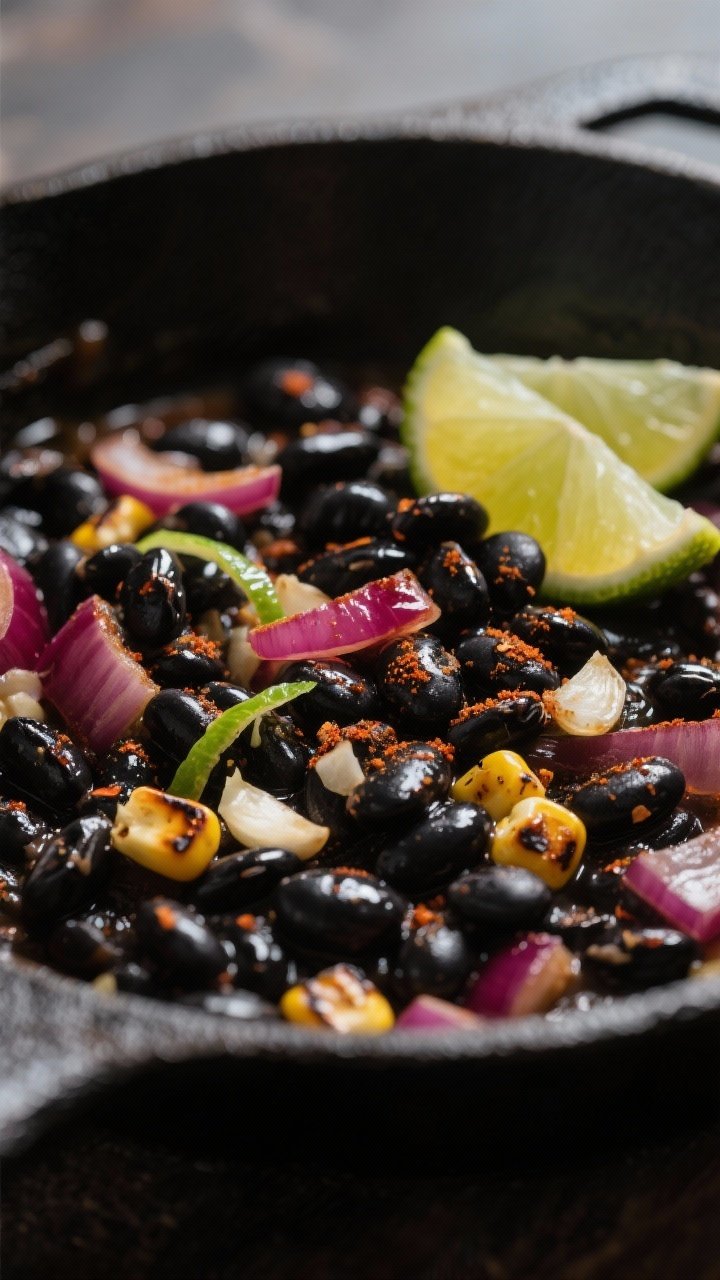Cooking process: Chili-lime black beans finishing in a skillet—glossy black beans tossed with soft