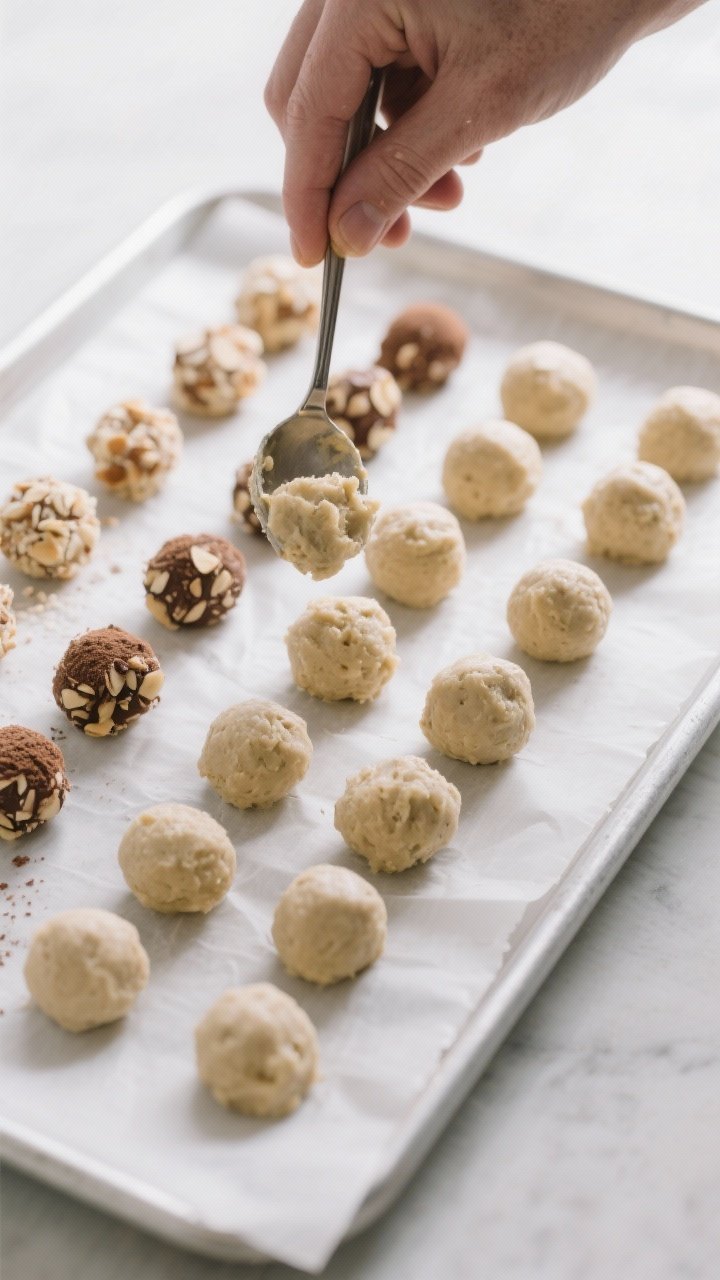 Cooking process: Chilled mixture being scooped and rolled into 1-tablespoon balls on a parchment-lin
