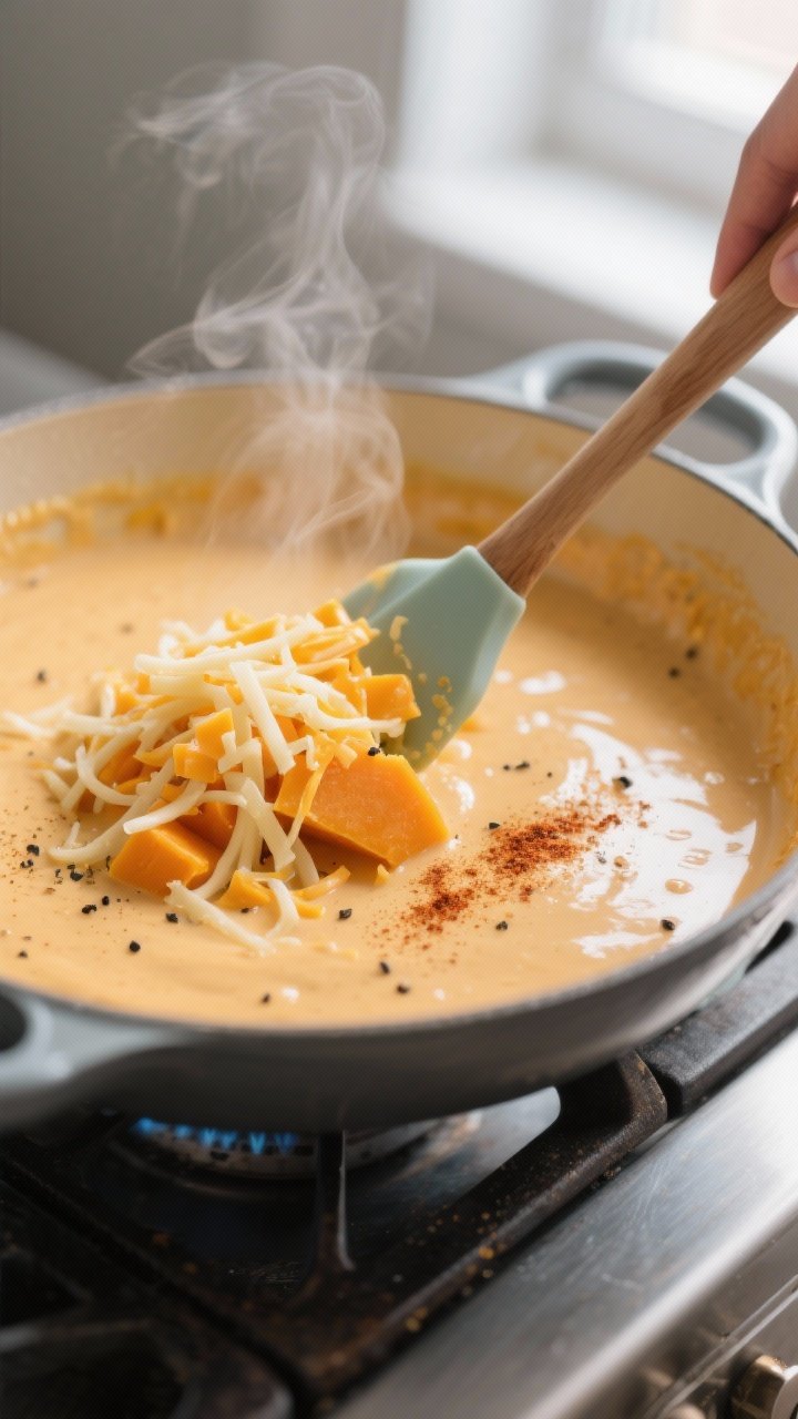 Cooking process close-up: A wide, shallow pot on the stove over low heat with velvety butternut squa