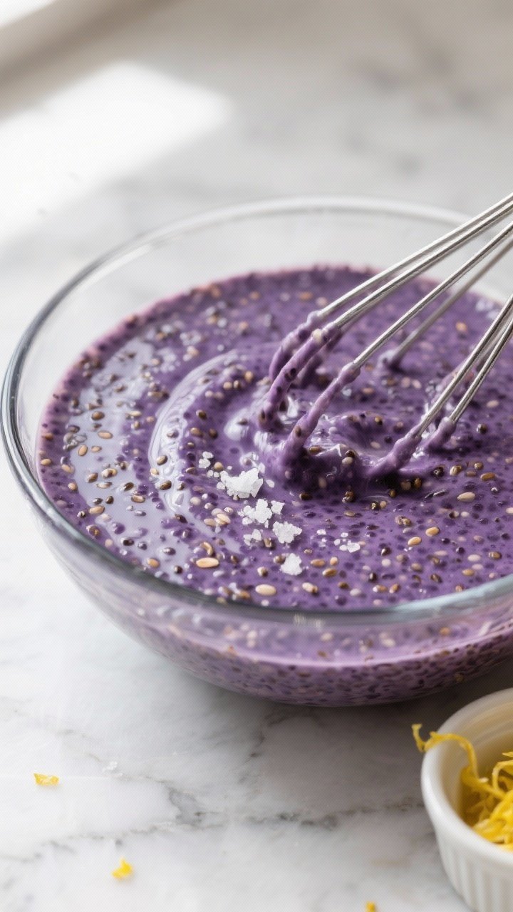 Cooking process, close-up detail: Blueberry chia seed pudding base being whisked after the 10-minute