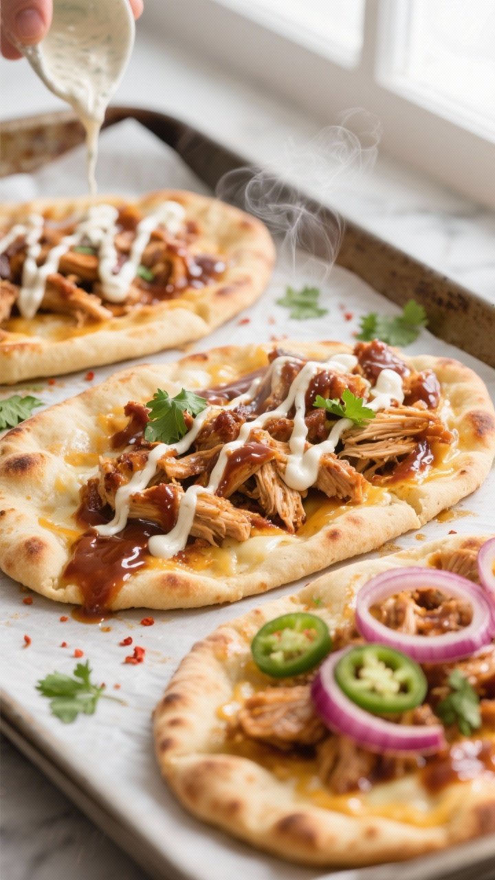 Cooking process, close-up detail: Close-up of BBQ chicken flatbreads just out of the oven on a prehe