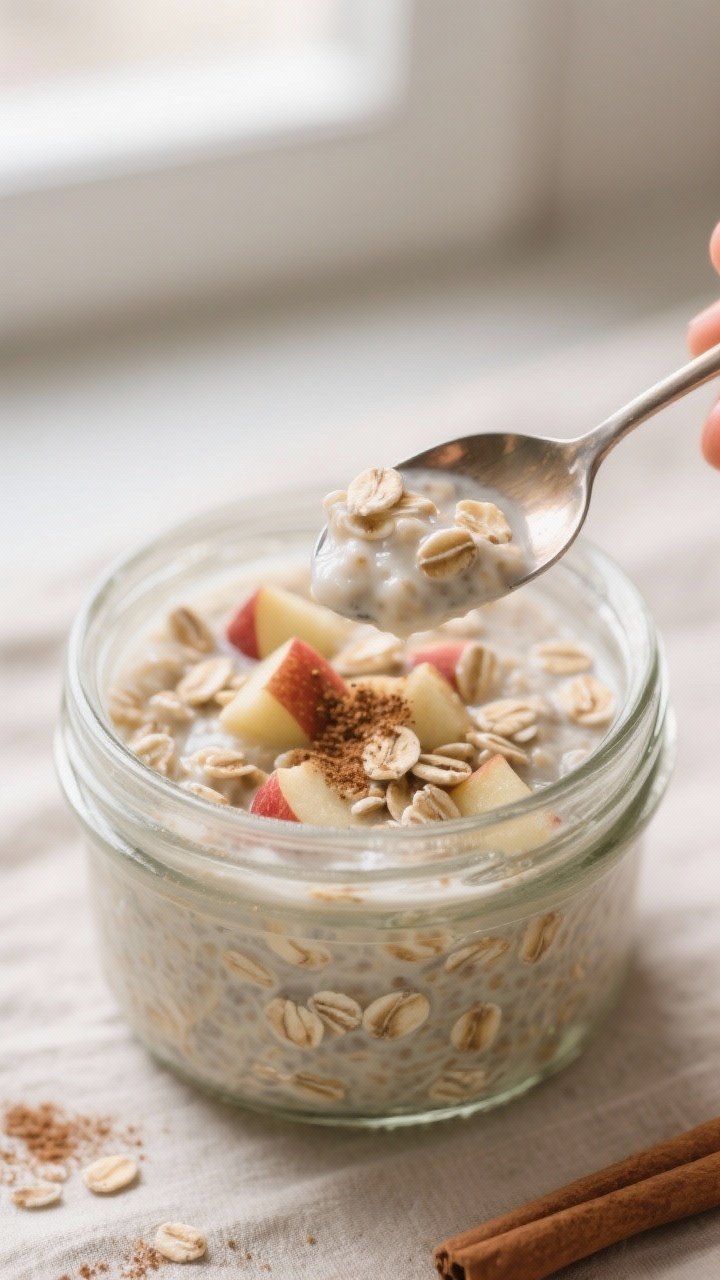 Cooking process, close-up detail: Close-up of creamy apple cinnamon overnight oats just after the mo