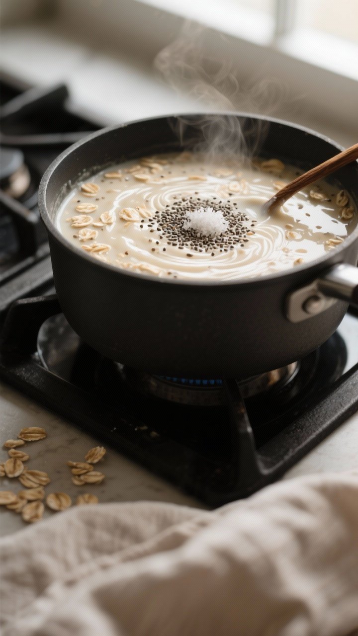 Cooking process, close-up detail: Close-up of creamy rolled oats just off the heat in a small saucep