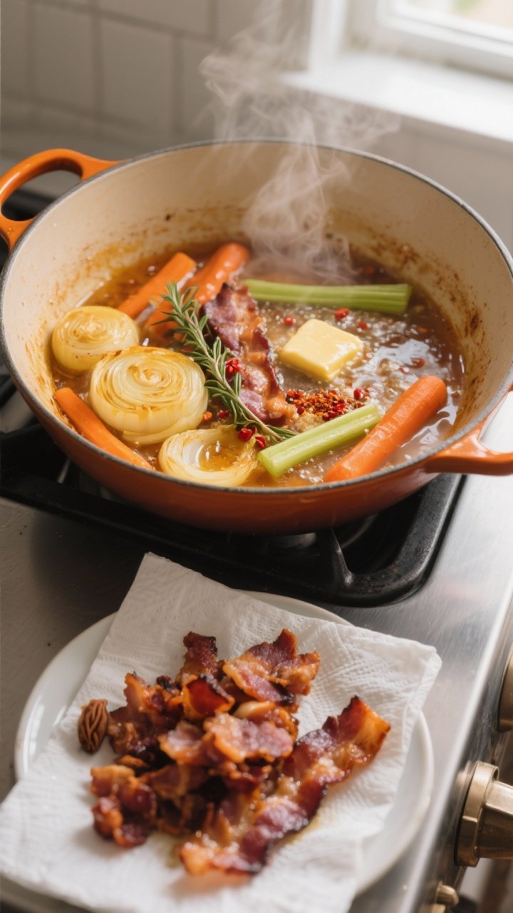 Cooking process, close-up detail: Close-up of smoky bacon bits just after crisping, resting on a pap