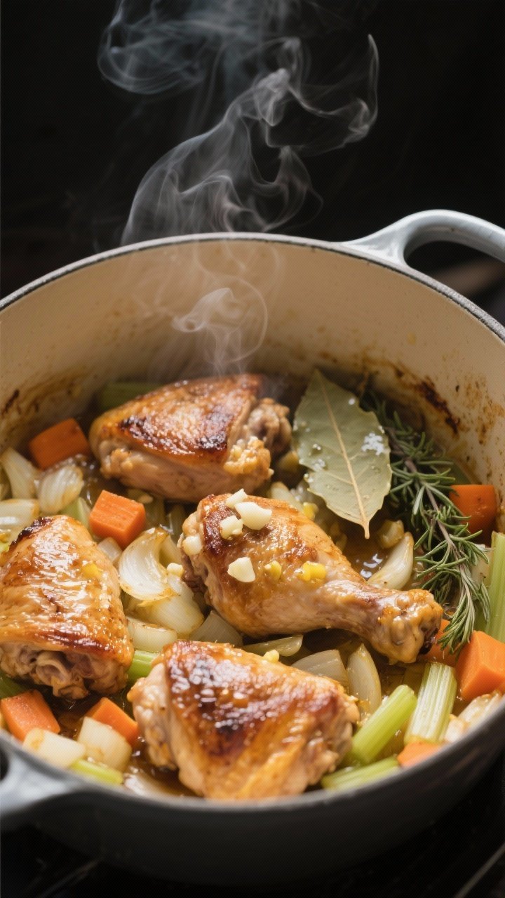 Cooking process, close-up detail: Sizzling Dutch oven scene with browned chicken thigh pieces nestle