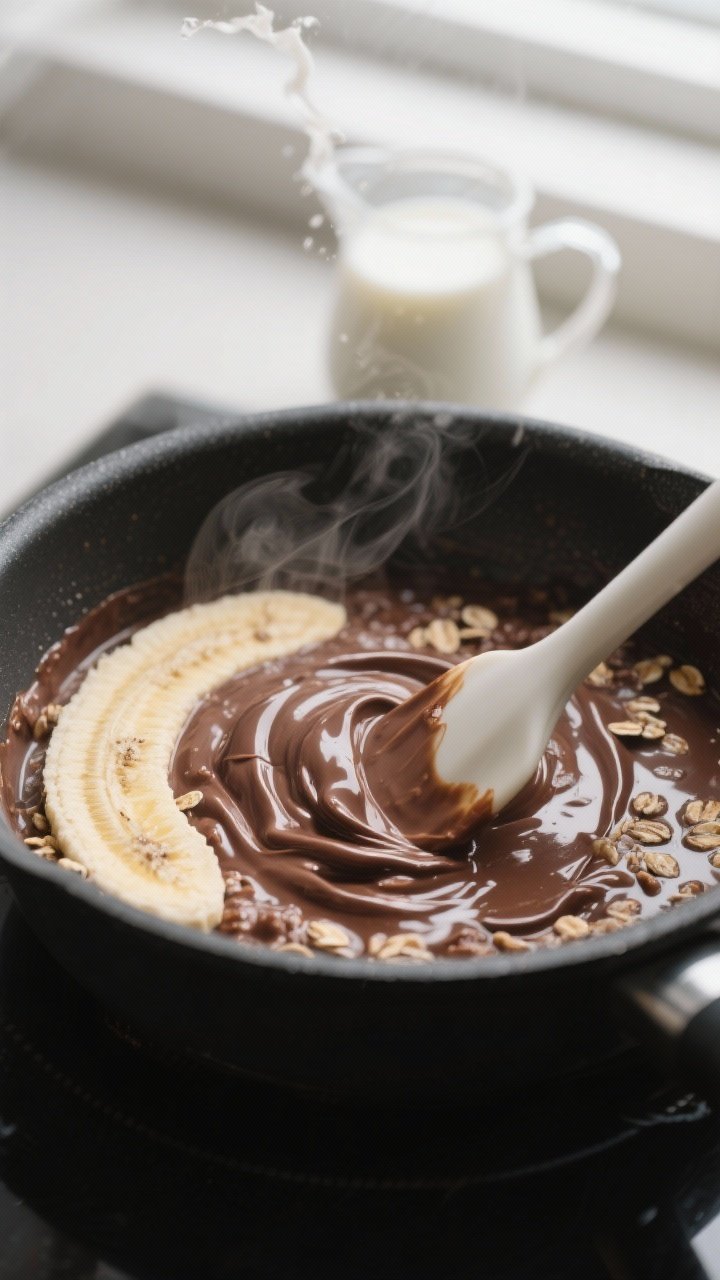 Cooking process, close-up detail: Thick, glossy chocolate oatmeal simmering in a small matte-black s