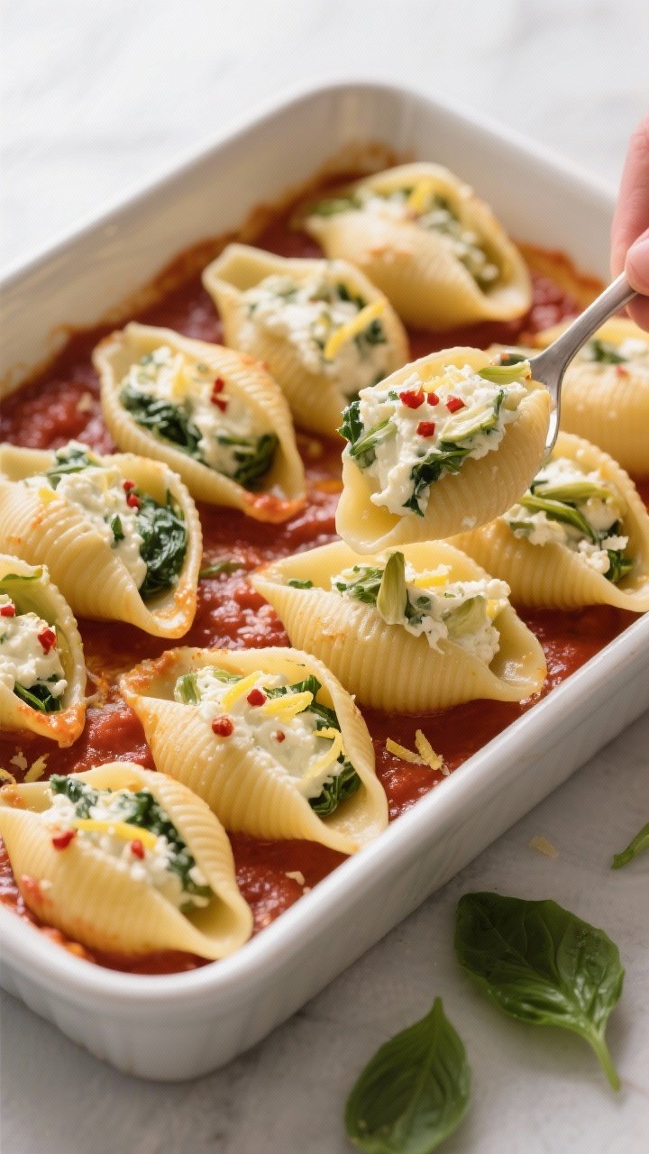 Cooking process close-up: Jumbo pasta shells nestled in a 9x13 baking dish with a thin layer of mari