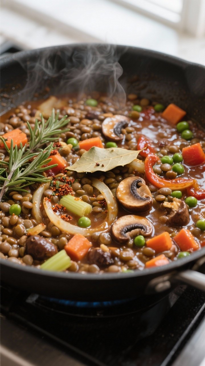 Cooking process, close-up: Lentil filling simmering in a wide skillet, glossy and saucy with tender 