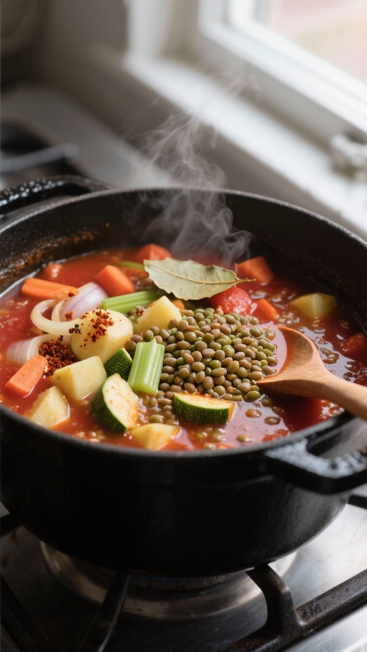 Cooking process — Close-up of simmering lentil and vegetable soup in a matte black Dutch oven: oni