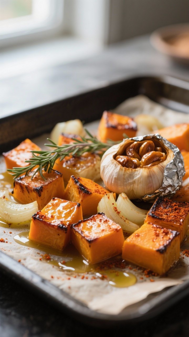 Cooking process close-up: Roasted pumpkin soup base in progress—caramelized cubes of sugar pie pum