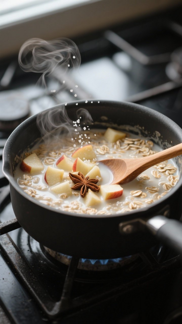 Cooking process close-up: Rolled oats simmering in a saucepan of creamy almond milk with diced apple