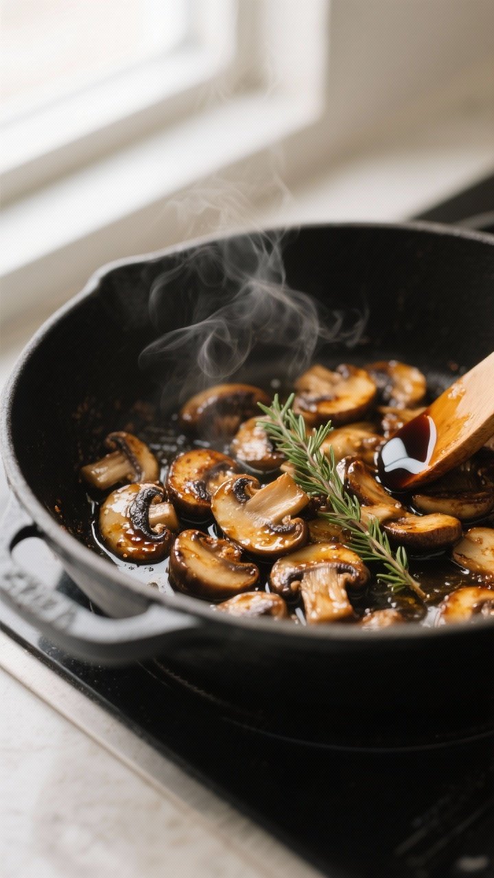 Cooking process close-up: Sautéed mushrooms browning in a wide Dutch oven, deep golden edges with v