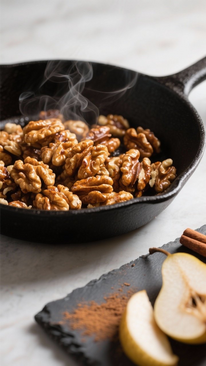 Cooking process close-up: Toasted walnuts in a matte-black skillet, deeply golden and slightly gloss