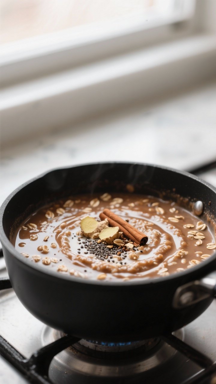 Cooking process – Creamy gingerbread oatmeal thickening in a matte black saucepan over medium-low 