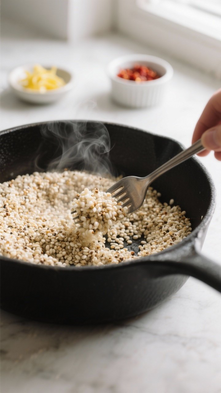 Cooking process: Fluffy quinoa being fluffed with a fork in a matte black saucepan off the heat, ste