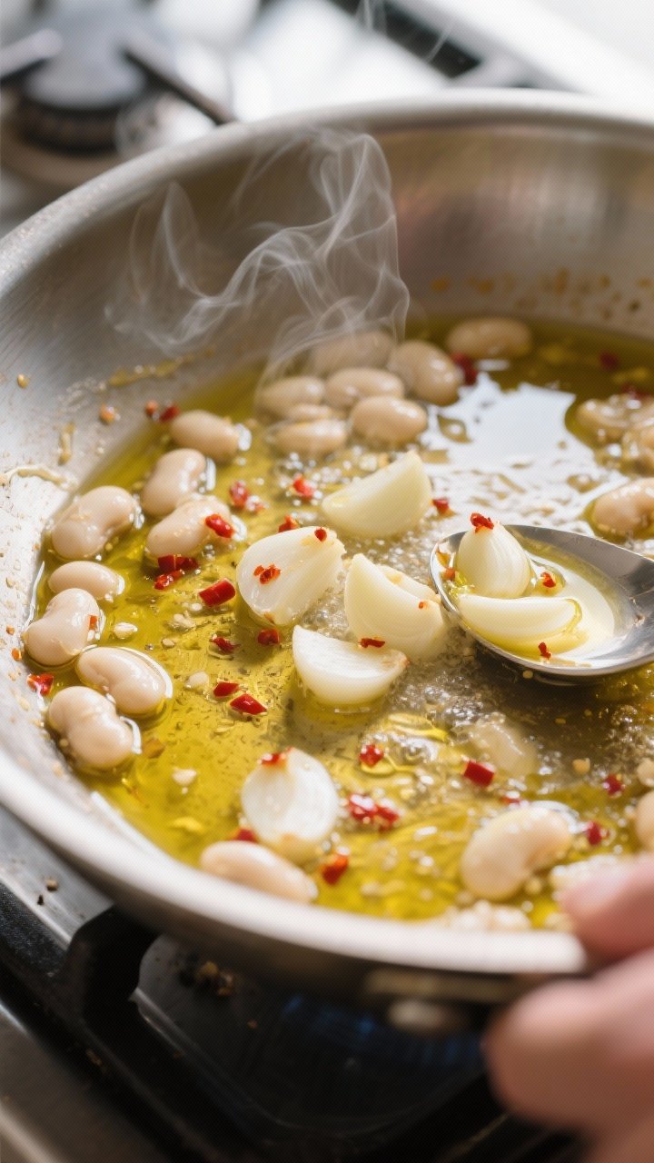 Cooking process — garlic oil and beans: Close-up of sliced garlic gently sizzling in extra-virgin