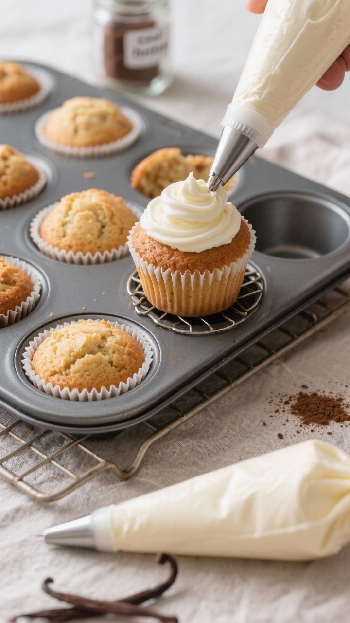 Cooking process: Overhead, action-focused scene of freshly baked cupcakes just out of the oven, rest