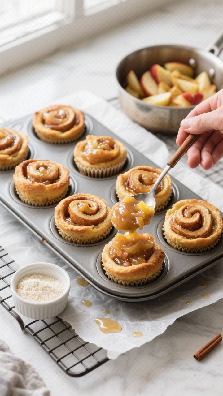 Cooking process: Overhead shot of a muffin tin on a cooling rack with baked cinnamon roll cups being