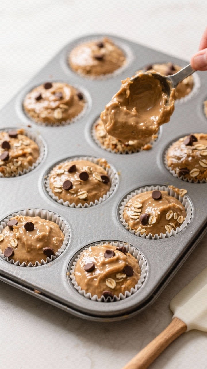 Cooking process: Overhead shot of a thick, glossy muffin batter being portioned into a lined 12-cup